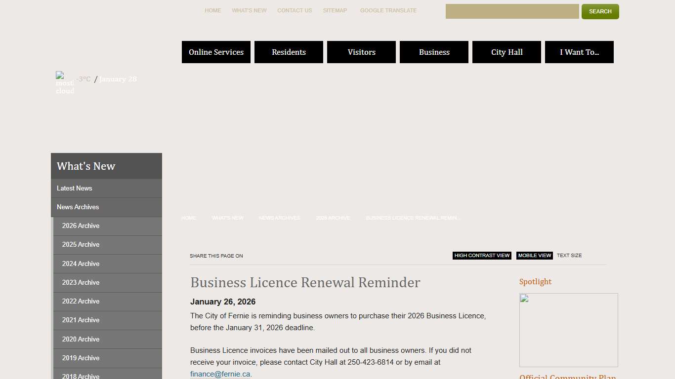 City of Fernie Business and Pet Licence Renewal Reminder