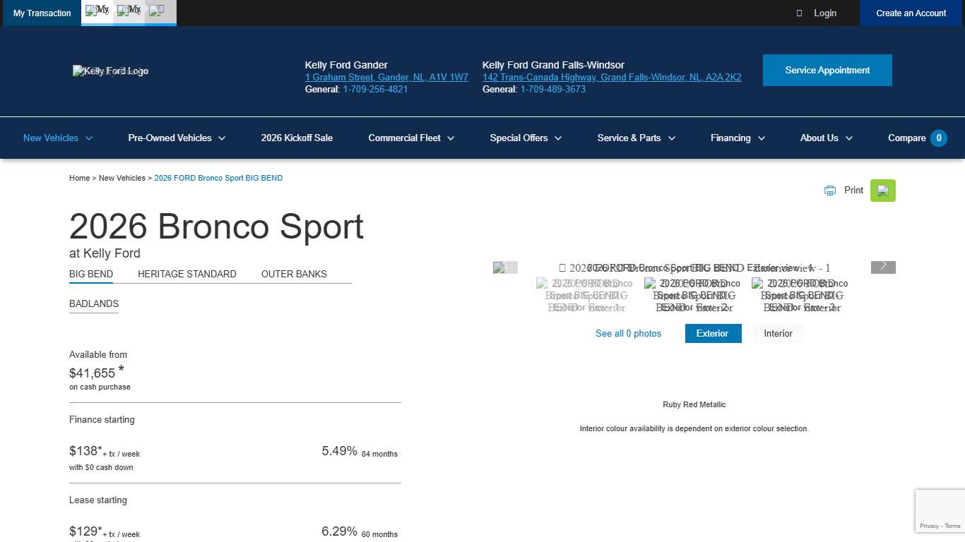 The 2026 FORD Bronco Sport BIG BEND Kelly Ford in Gander and Grand Falls-Windsor